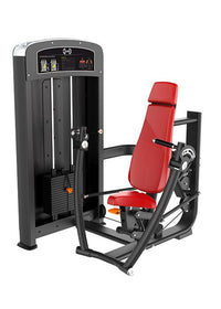 Thumbnail for Black and red chest press machine with a weight stack and adjustable seat.
