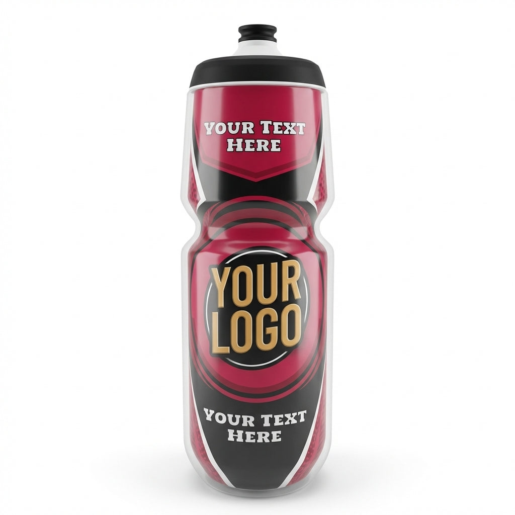 Customizable water bottle with text and logo fields on a white background