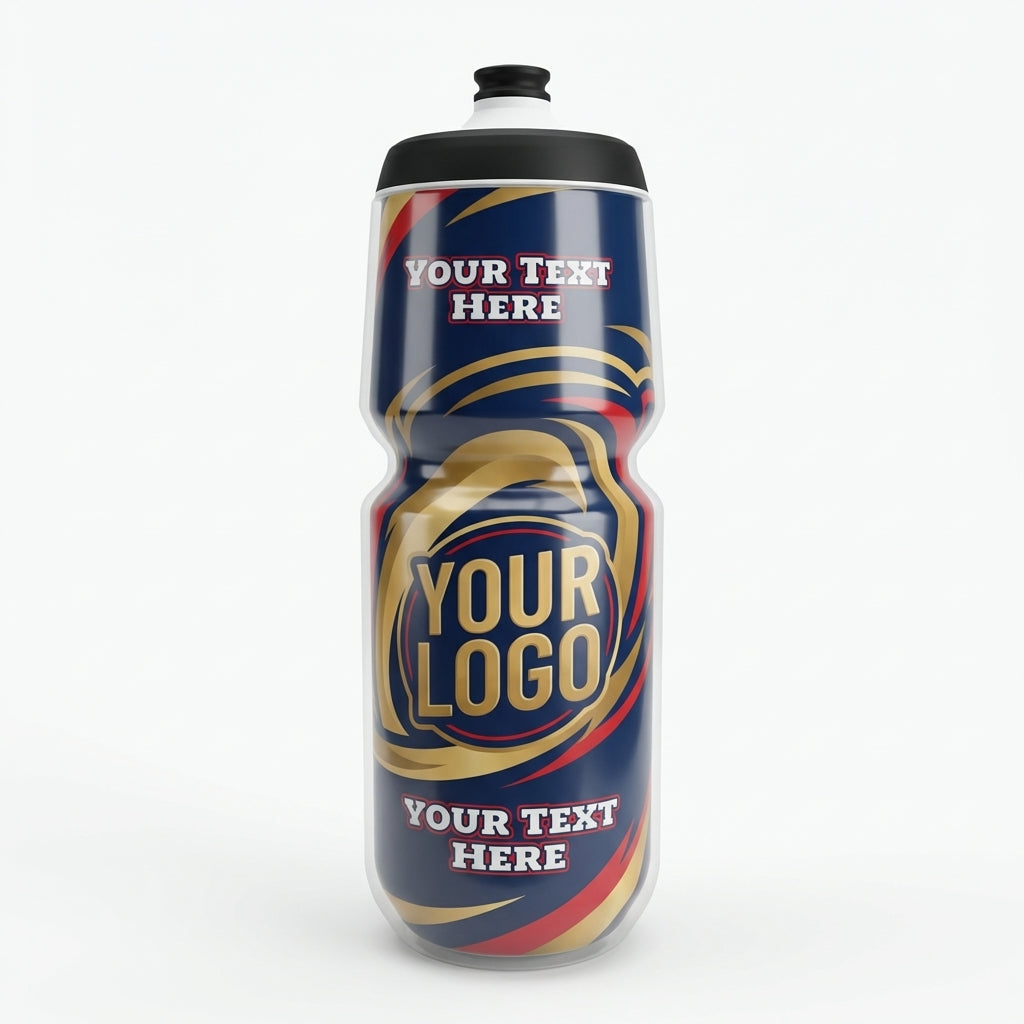 Custom water bottle with "YOUR TEXT HERE" and "YOUR LOGO" on a blue, red, and gold design.