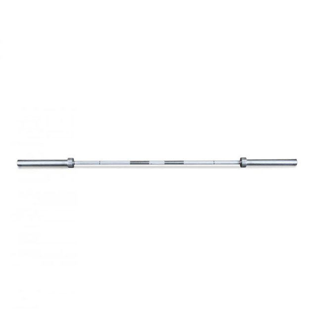 A silver Olympic barbell with knurling marks, centered horizontally on a white background.