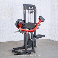 Thumbnail for Black and red selectorized biceps/triceps combo gym machine with weight stack and padded seats.