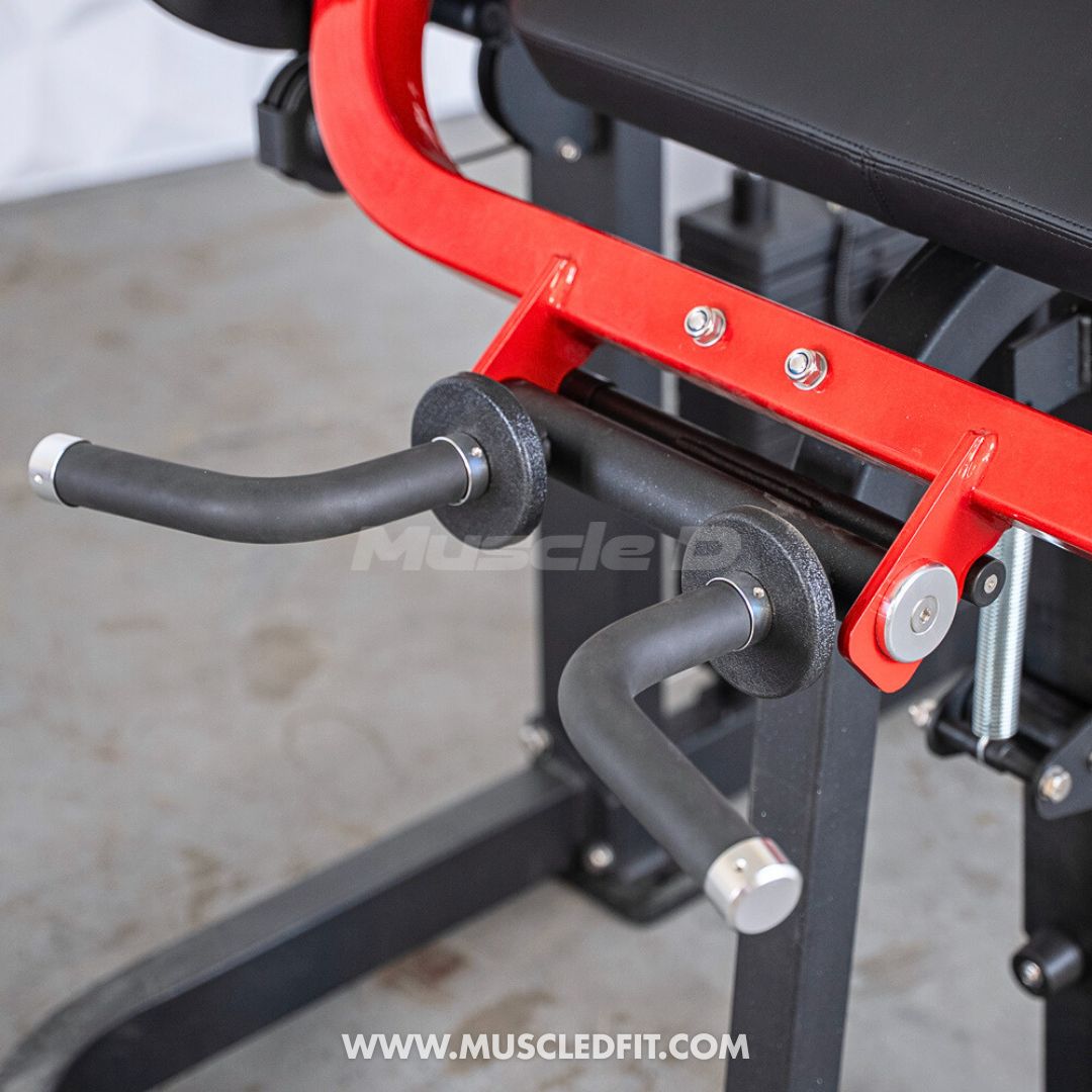 Close-up of a red and black biceps/triceps combo machine with two padded, angled handles.