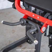 Thumbnail for Close-up of a red and black biceps/triceps combo machine with two padded, angled handles.
