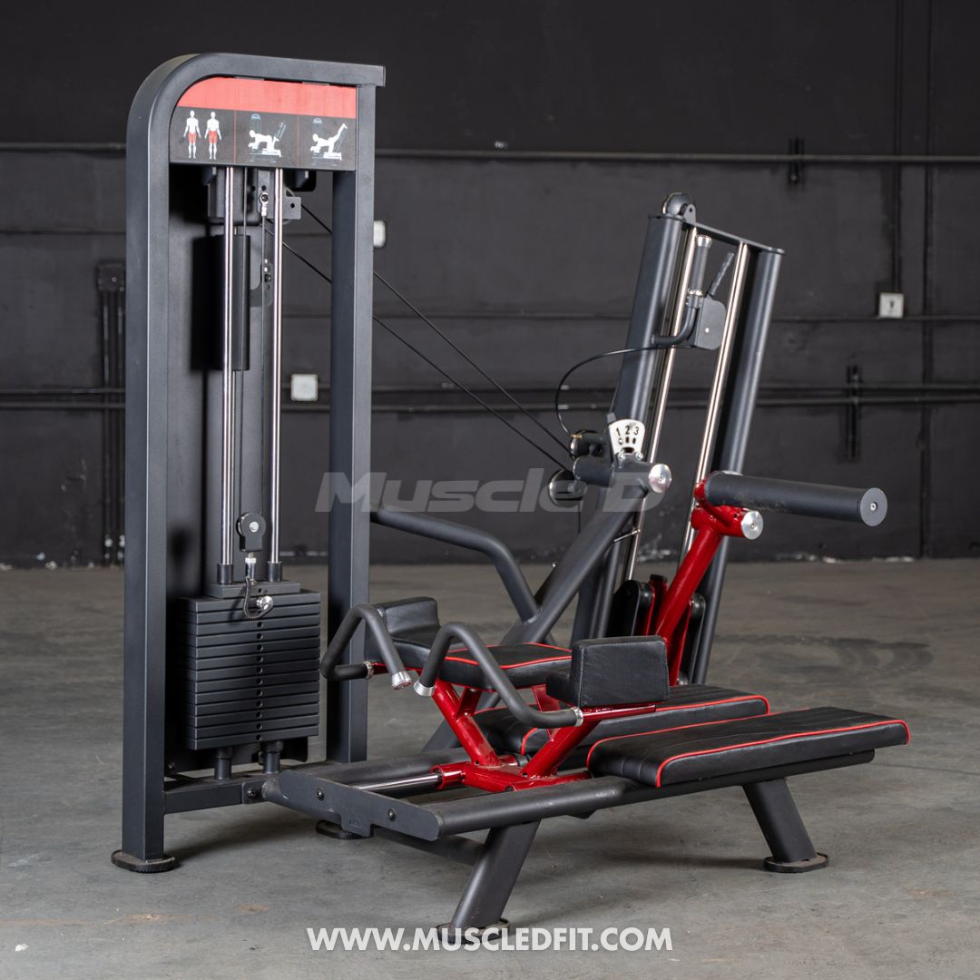 Black and red selectorized glute kick machine with a weight stack and padded seating.