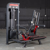 Thumbnail for Black and red selectorized glute kick machine with a weight stack and padded seating.