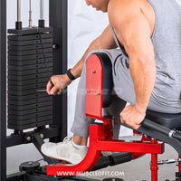 Thumbnail for Man adjusting weight on a red and black inner/outer thigh combo machine.