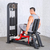 Thumbnail for Man using a black and red selectorized inner/outer thigh combo machine with weight stack.