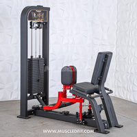 Thumbnail for Black and red selectorized inner/outer thigh combo machine with weight stack and adjustable seat.