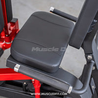 Thumbnail for Close-up of the black padded seat and armrests of the Muscle D Fitness thigh combo machine.