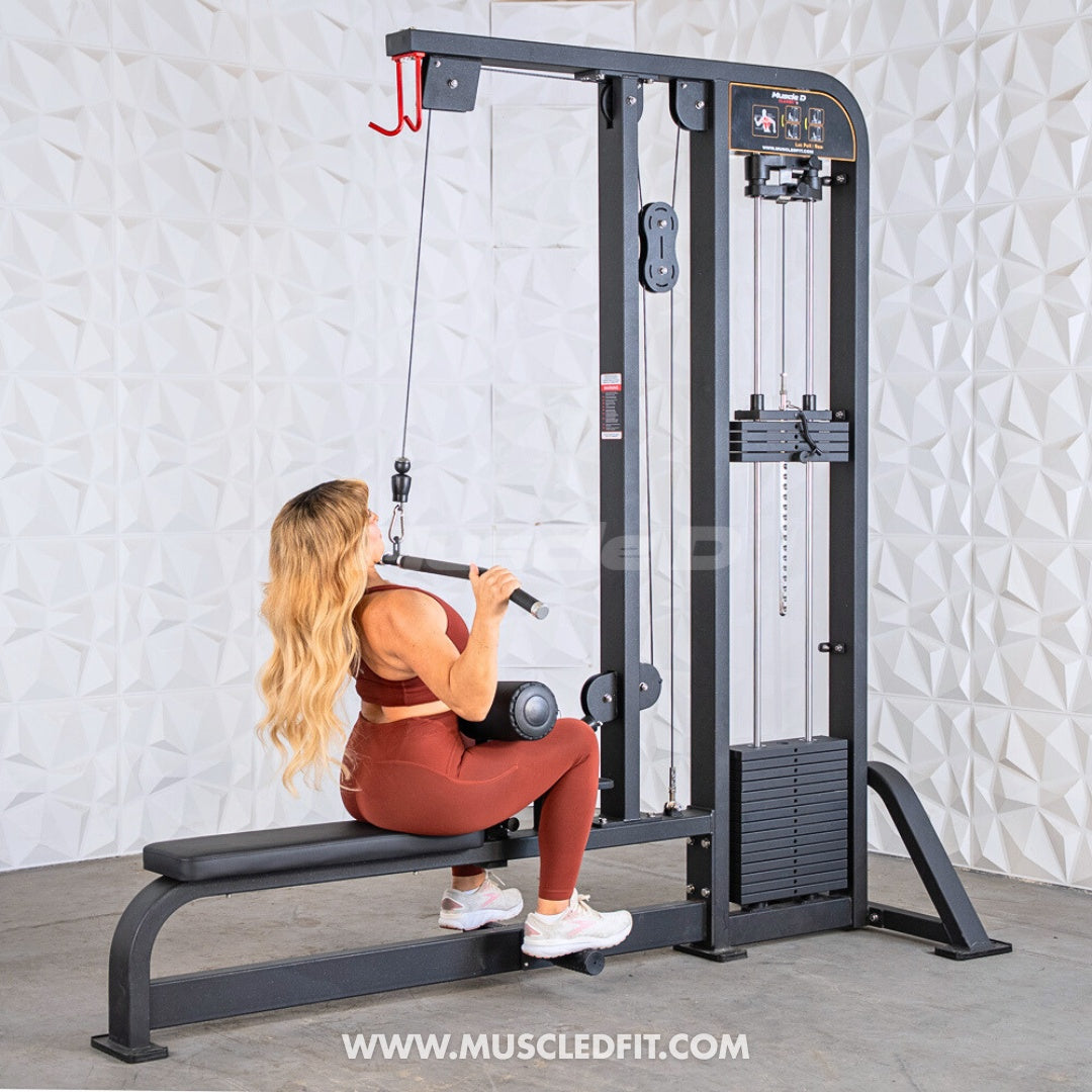 Woman performing lat pulldown exercise on a black selectorized lat pulldown/low row combo machine.