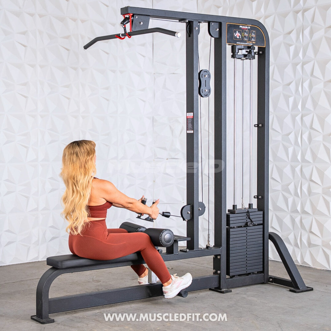Woman performing a low row exercise on a black selectorized lat pulldown/low row combo machine.
