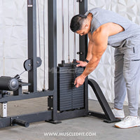 Thumbnail for Man adjusting the weight stack on a black lat pulldown/low row combo machine.