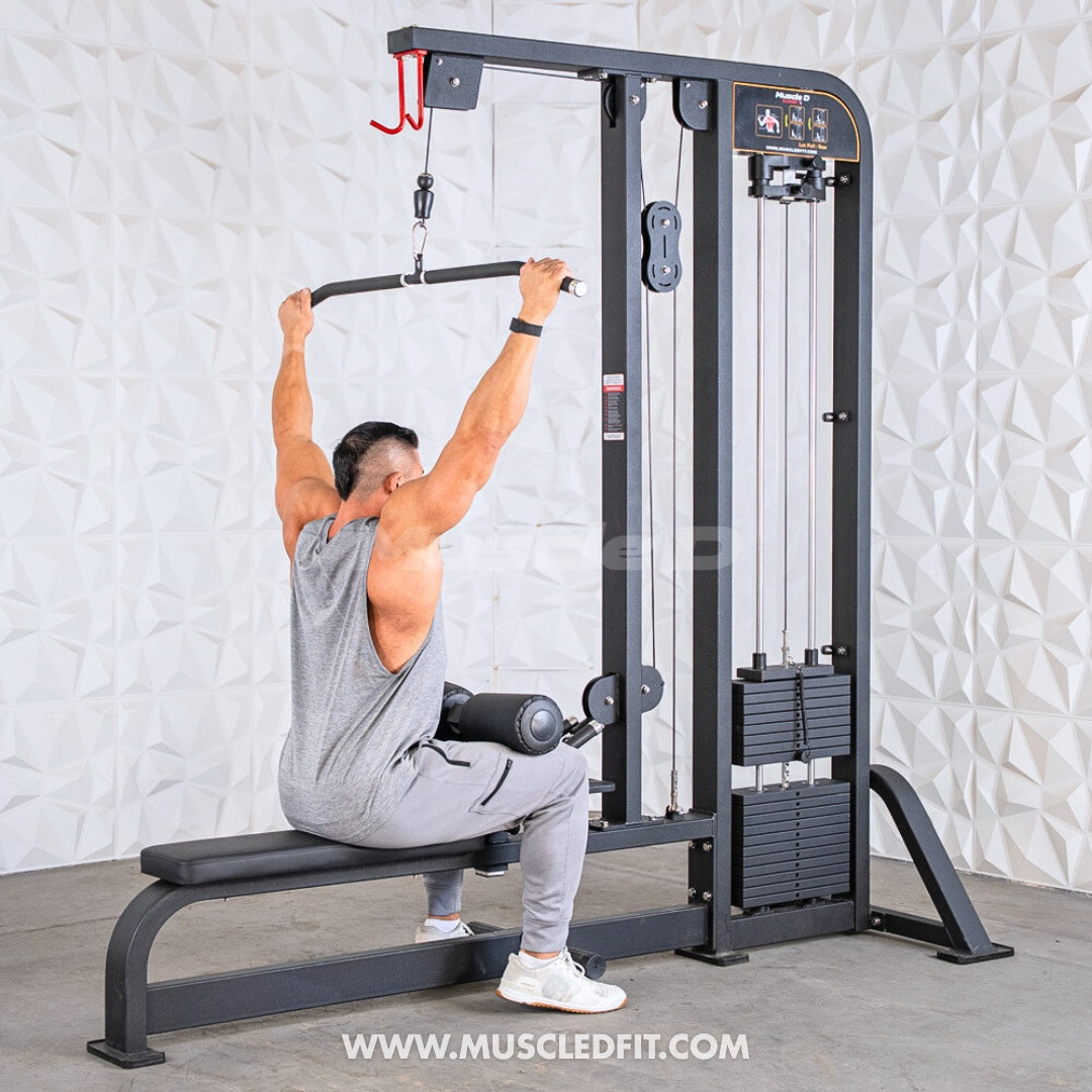 Man doing lat pulldown exercise on a black selectorized lat pulldown/low row combo machine.