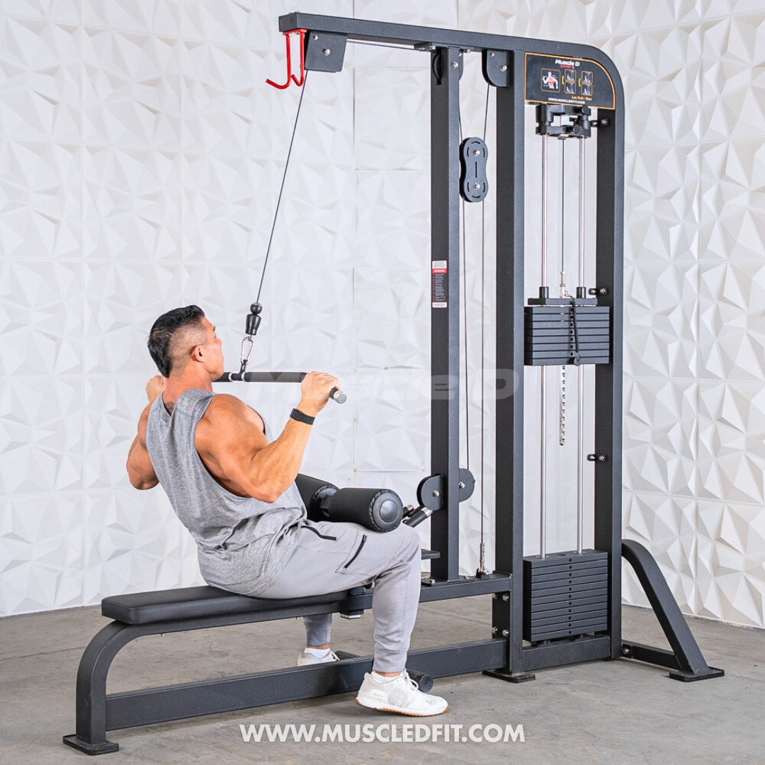 Man doing a lat pulldown exercise on a black selectorized lat pulldown/low row combo machine.
