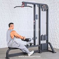 Thumbnail for Man performing low row on a black selectorized lat pulldown/low row combo machine.