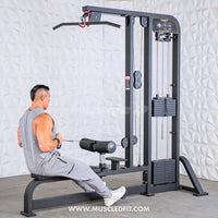 Thumbnail for Man performing low row exercise on a black selectorized lat pulldown/low row combo machine.