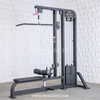 Thumbnail for Dark gray lat pulldown and low row combo machine with a weight stack, seat, and pulldown bar.