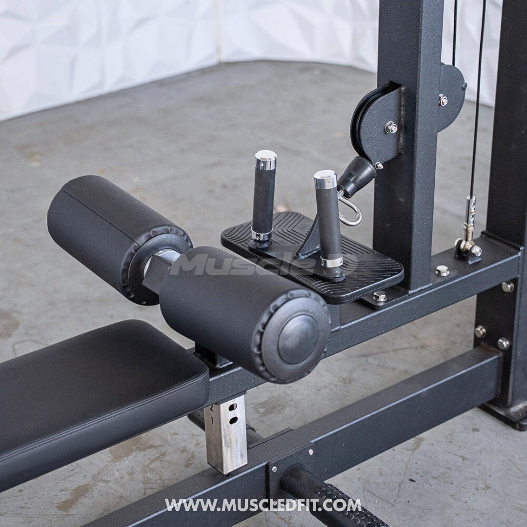 Close-up of a black lat pulldown and low row combo machine with seat, leg pads, and footplate.