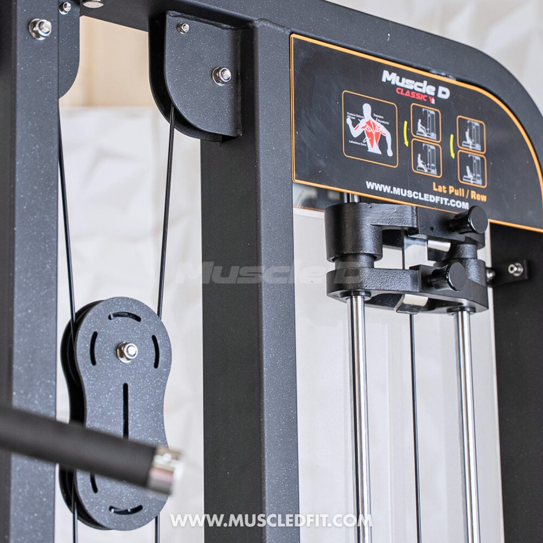 Close-up of a black selectorized lat pulldown/low row combo machine with pulleys, cables, and exercise diagram.