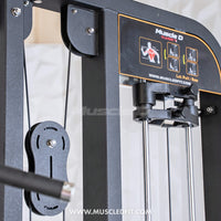 Thumbnail for Close-up of a black selectorized lat pulldown/low row combo machine with pulleys, cables, and exercise diagram.