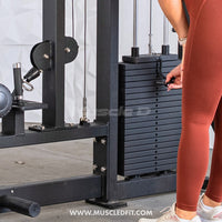 Thumbnail for Person adjusting weight stack on a black selectorized lat pulldown/low row combo machine.