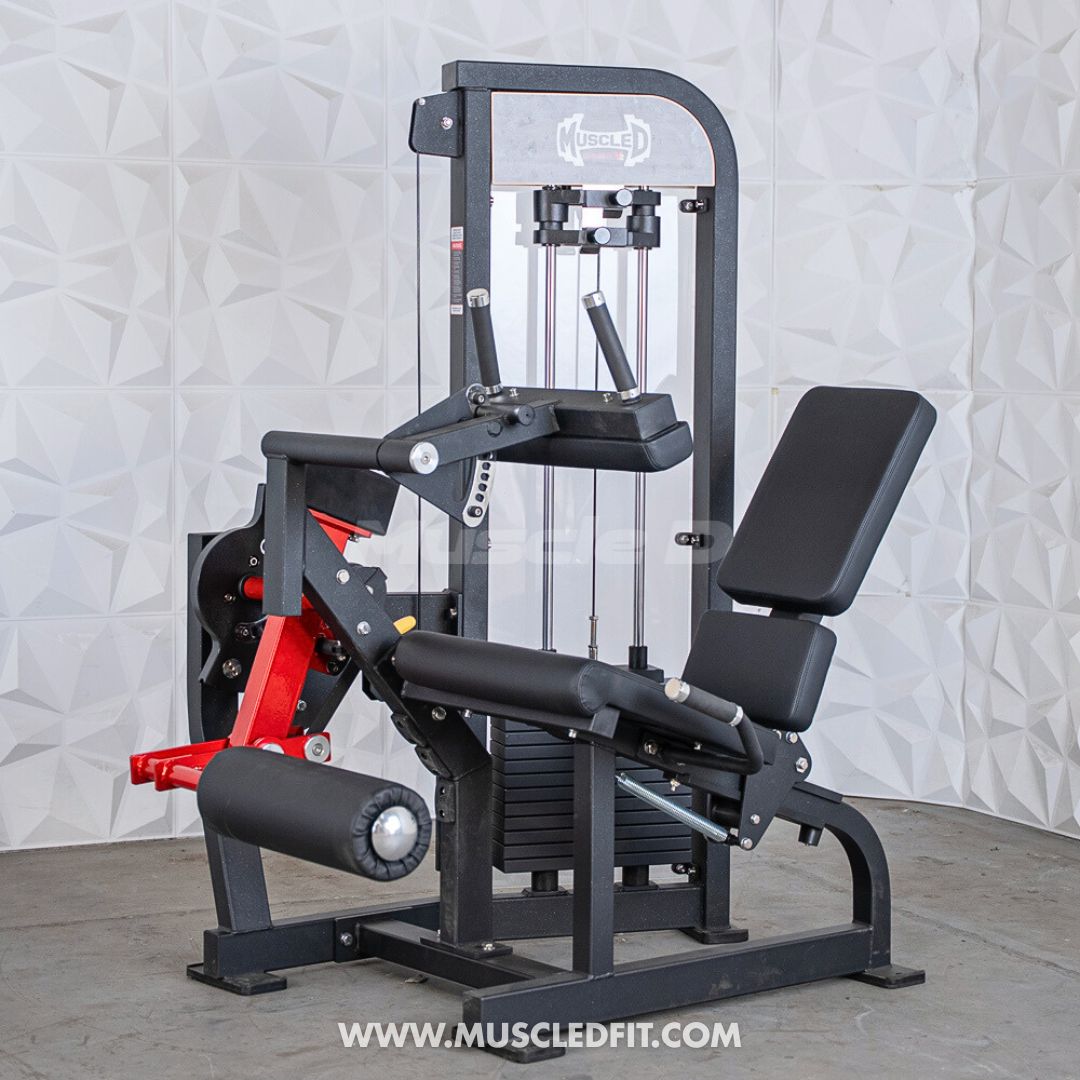 Black and red leg extension and seated leg curl combo machine with weight stack.