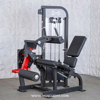 Thumbnail for Black and red leg extension and seated leg curl combo machine with weight stack.
