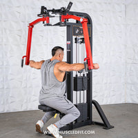 Thumbnail for Man using a black and red pec/rear delt combo machine, performing a rear delt fly.