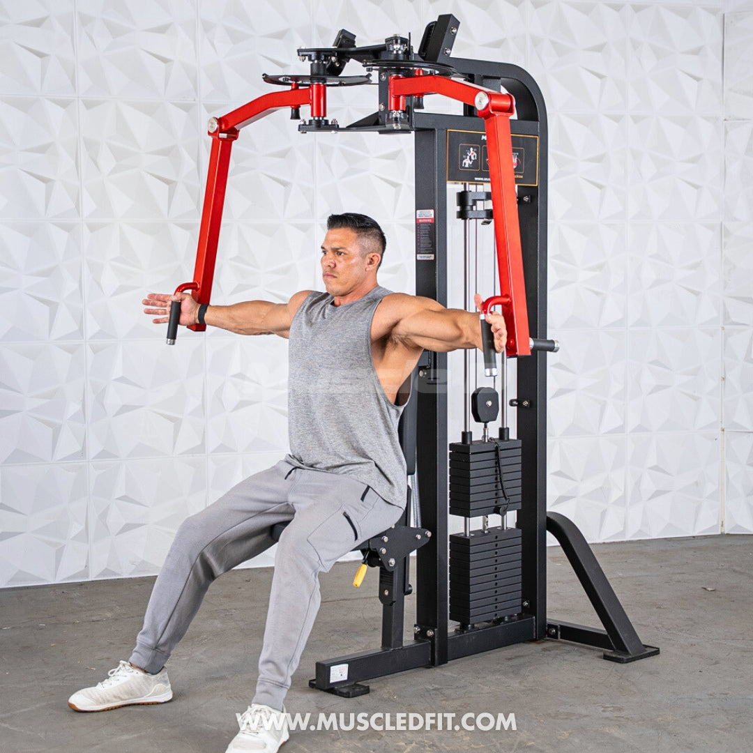 Man in gray tank top and sweatpants using a black and red pec/rear delt combo machine.