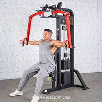 Thumbnail for Man in gray tank top and sweatpants using a black and red pec/rear delt combo machine.