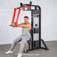 Thumbnail for Man using a black and red pec/rear delt combo machine with weight stacks.