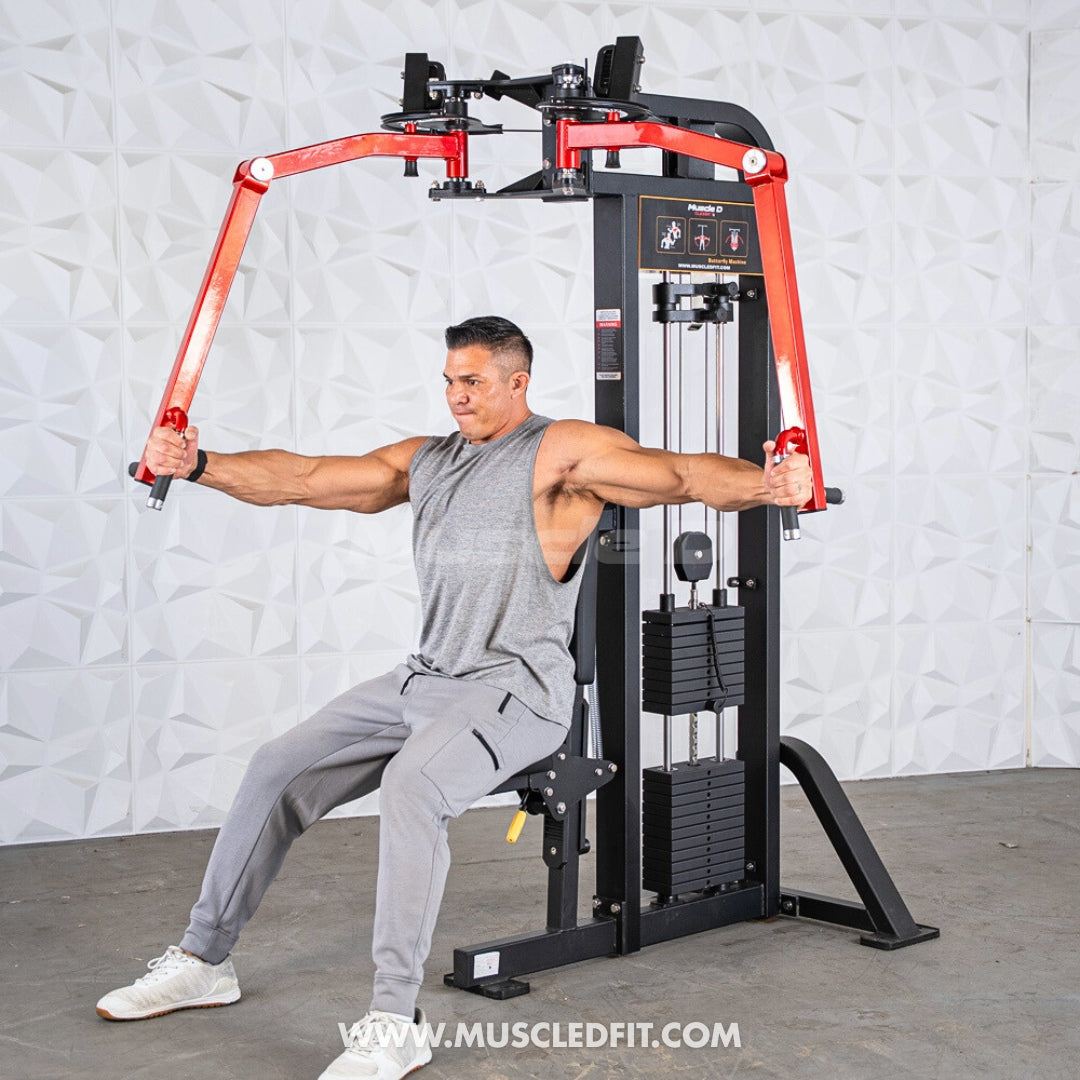 Man in gray tank top using a black and red pec/rear delt combo machine.