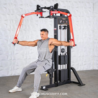 Thumbnail for Man in gray tank top using a black and red pec/rear delt combo machine.