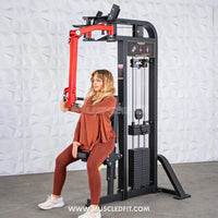 Thumbnail for Woman using a black and red pec/rear delt combo machine with a weight stack.