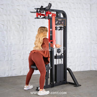 Thumbnail for Woman using a black and red pec/rear delt combo machine with a weight stack.