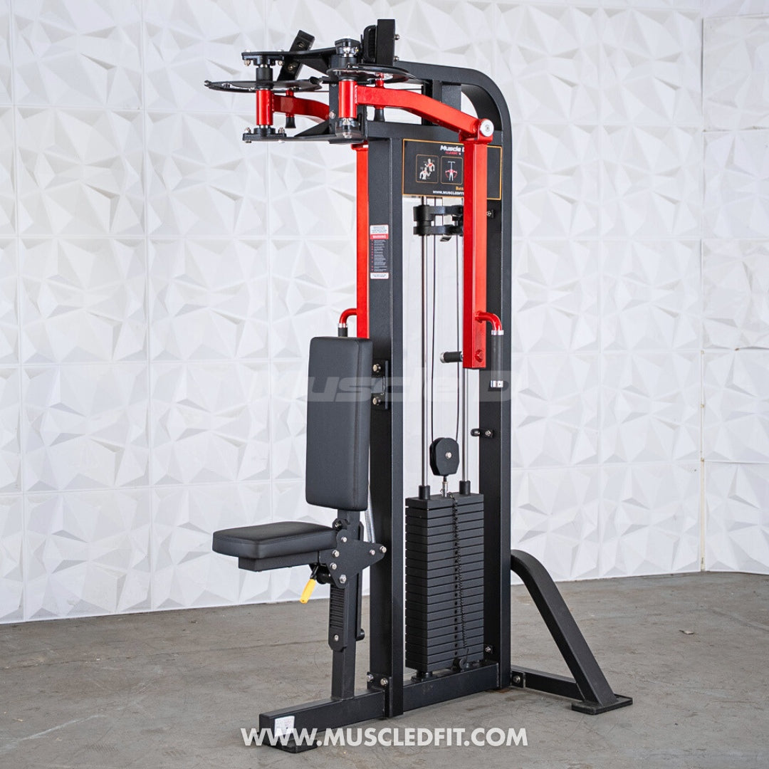 Black and red pec/rear delt combo machine with a weight stack and adjustable seat.
