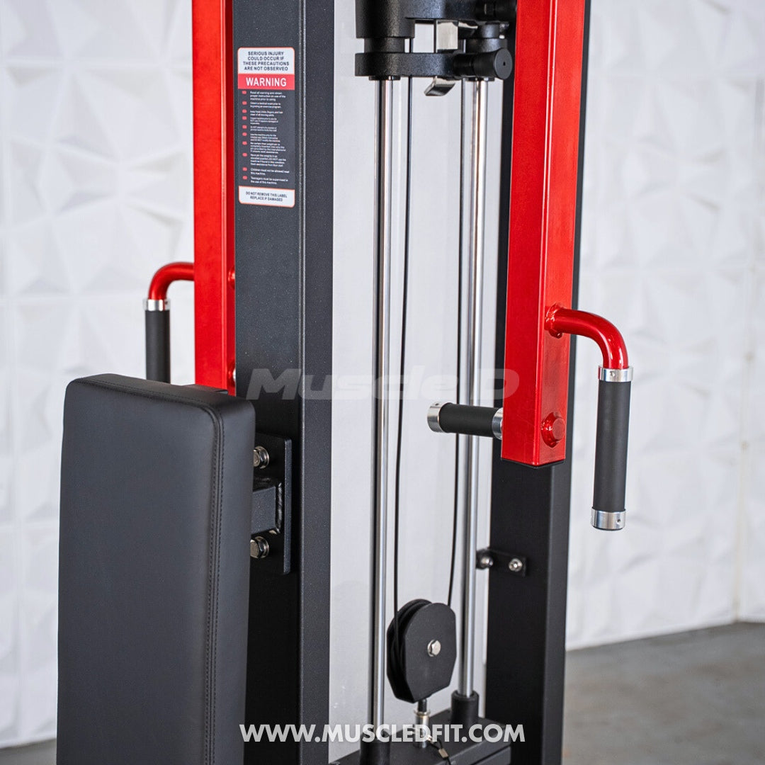 Close-up of a black and red pec/rear delt combo machine with padded seat, handles, and cables.