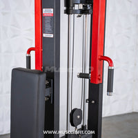 Thumbnail for Close-up of a black and red pec/rear delt combo machine with padded seat, handles, and cables.