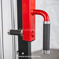 Thumbnail for Close-up of red fitness machine frame with two black padded handles.