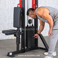 Thumbnail for Man adjusting weight stack on a black and red pec/rear delt combo machine.