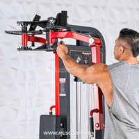Thumbnail for Man adjusting the red and black selectorized pec/rear delt combo machine.