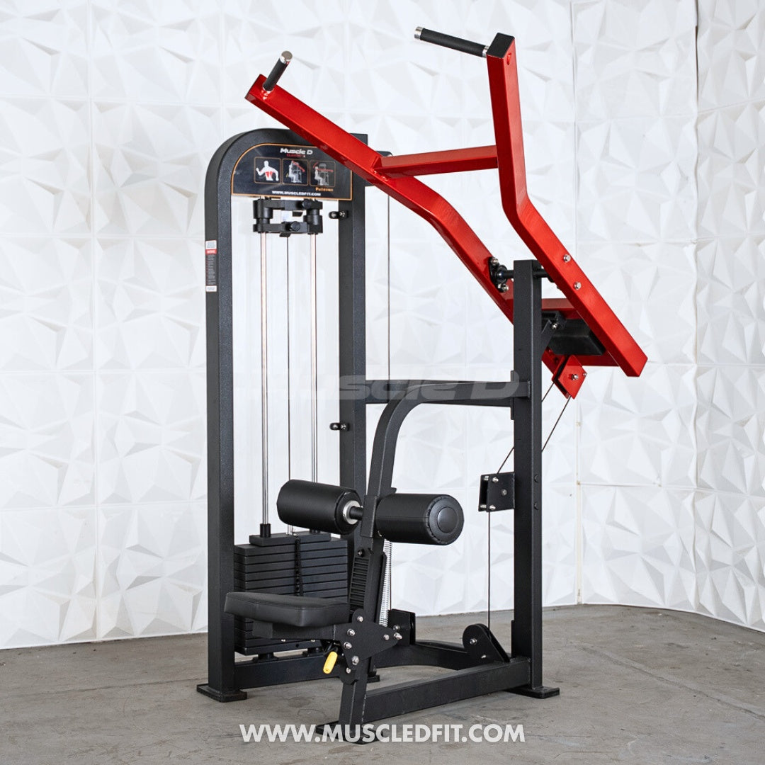 Red and black selectorized seated lat pull machine with weight stack, seat, and leg pads.