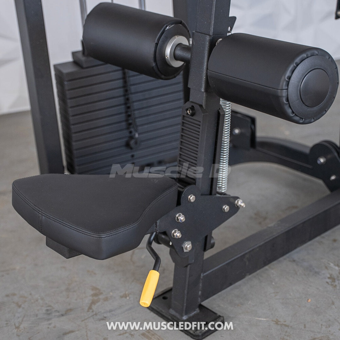 Close-up of a black seated lat pull machine with weight stack, seat, and leg pads.
