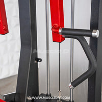 Thumbnail for Close-up of a black multi-grip handle attached to a red and black seated row machine.