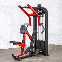 Thumbnail for Red and black selectorized seated row machine with multi-grip handles, footrests, and a weight stack.