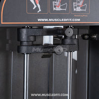 Thumbnail for Close-up of the selectorized pin and weight stack guide rods on a leg press machine.