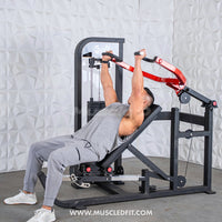 Thumbnail for Man using a black and red selectorized multi-press machine for a chest and shoulder workout.