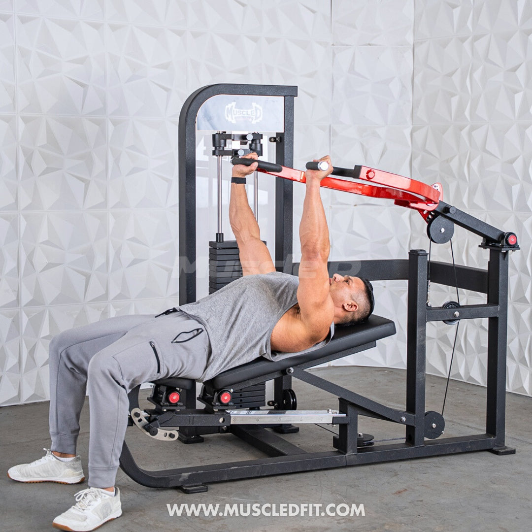 Man using a red and black multi-press chest and shoulder machine with a weight stack.