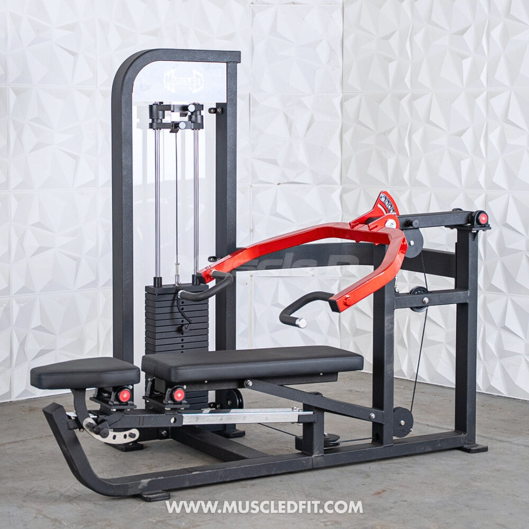 Black and red selectorized multi-press chest and shoulder press machine with weight stack and padded seats.
