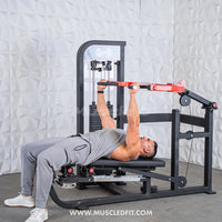 Thumbnail for Man doing chest press on a black and red selectorized multi-press machine.